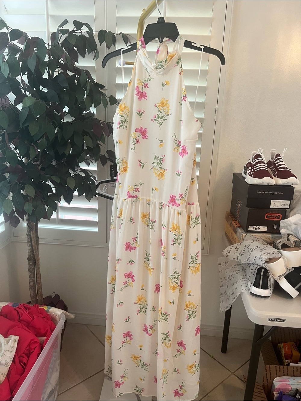a new day White Halter Maxi Dress with Pink & Yellow Floral Print